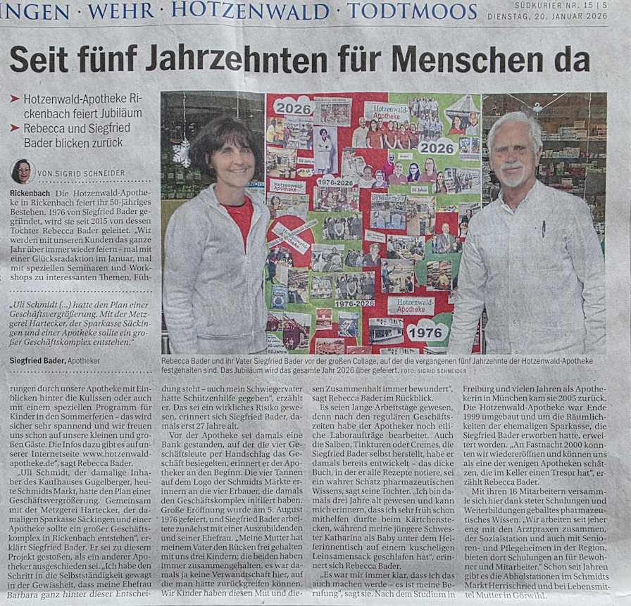 Zeitungsausschnitt_Artikel_Suedkurier_50_Jahre_Hotzenwaldapotheke